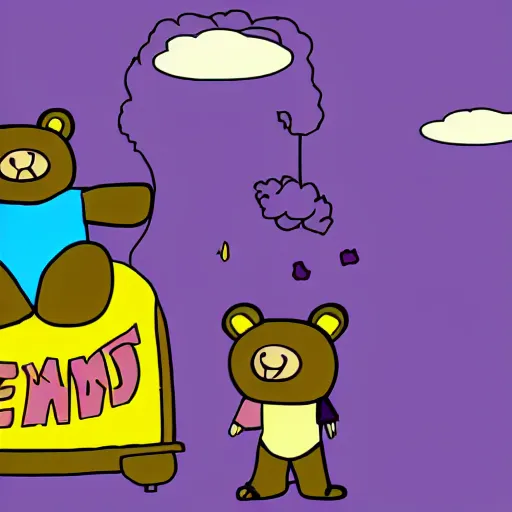 Image similar to cartoon animated bear wearing clothes being launched out of a futuristic machine into a purple and orange cloud land