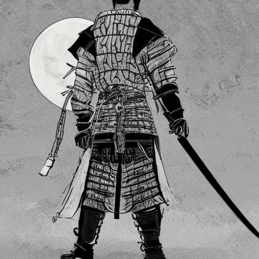 Image similar to a portrait from behind of a samurai man vagabond with a moon behind him, the samurai is wrapped in chains, detailed, illustration, concept art, ink style, sketch