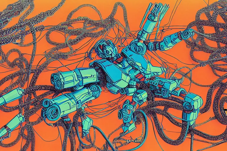 Image similar to risograph grainy drawing vintage sci - fi, satoshi kon color palette, gigantic gundam full - body covered with human bodies and wires, with lot tentacles, codex seraphinianus painting by moebius and satoshi kon and dirk dzimirsky close - up portrait