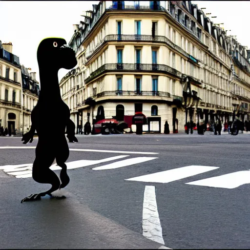 Image similar to french dinosaur walking in the streets of paris, 3 5 mm
