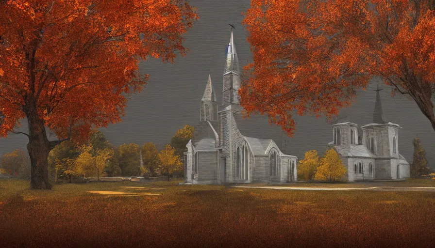 Image similar to small midwest town in autumn, church, leafs, grey sky, square, trees, hyperdetailed, artstation, cgsociety, 8 k