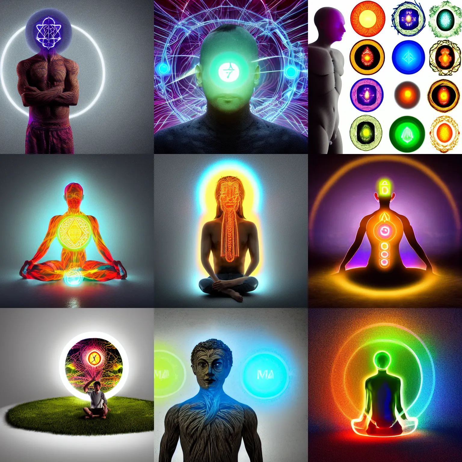 Prompt: man made of enlighten roots, dark mood, big bright circle behind him, seven chakras with different colorful light, realistic render, cgi, studio low light