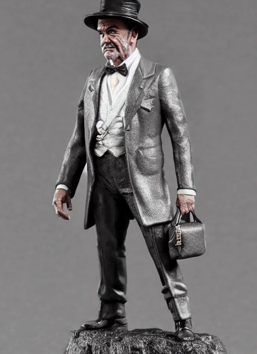 Prompt: 8 0 mm resin detailed miniature of sean connery proudly wearing a hat and showing off a louis vuitton purse, product introduction photos, 4 k, full body