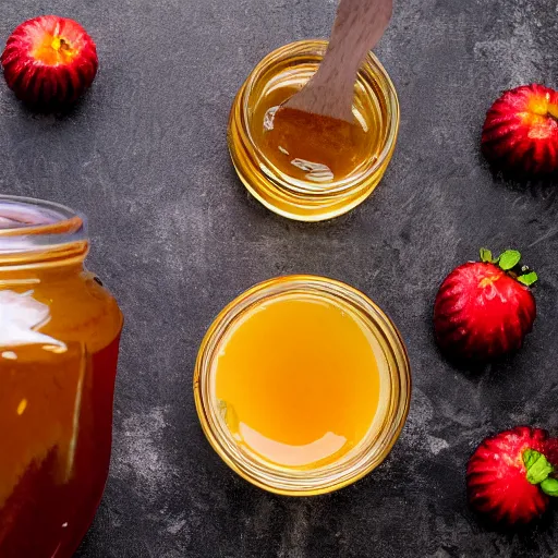 Image similar to dingleberry honey, honey with fresh dingleberries floating inside, food photography