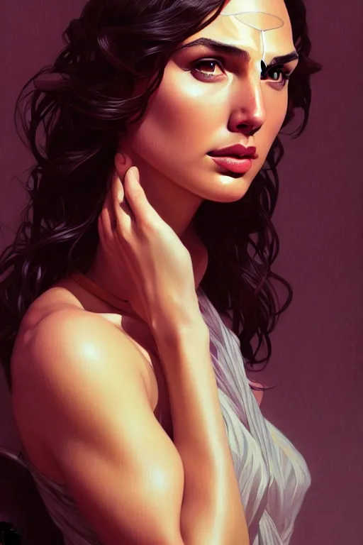 Image similar to a portrait of gal gadot, fantasy, sharp focus, intricate, elegant, digital painting, artstation, matte, highly detailed, concept art, illustration, ambient lighting, art by ilya kuvshinov, artgerm, alphonse mucha, and greg rutkowski