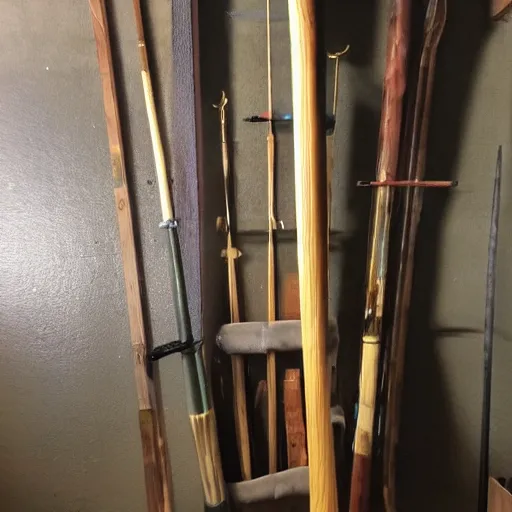 Prompt: painting of a longbow by itself on a weapons rack