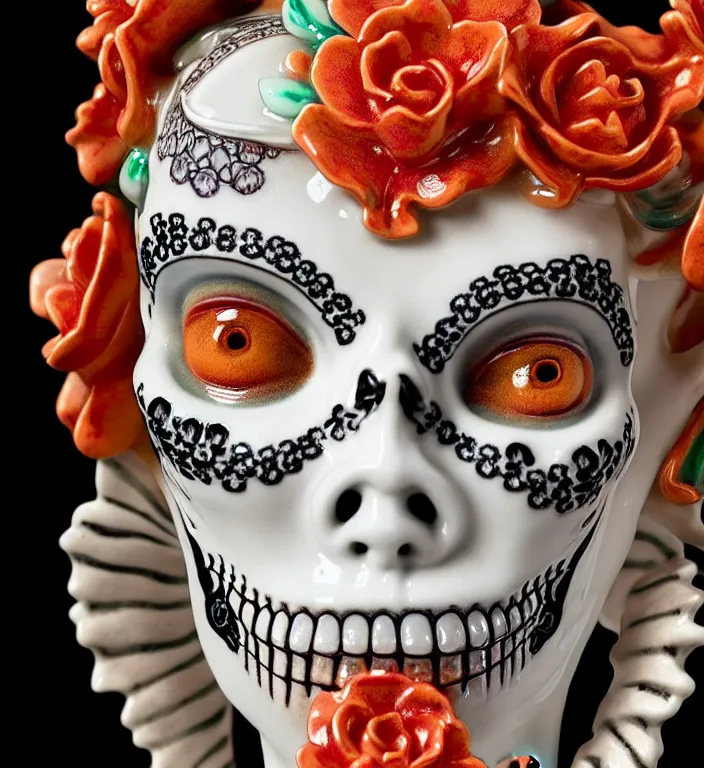 Image similar to La Catrina, A Close up photo-real delicate ceramic porcelain sculpture of a symmetrical ornate detailed in front of an intricate background by Victo Ngai and takato yamamoto, micro detail, backlit lighting, face in focus, subsurface scattering, translucent, thin porcelain, colorful, physically based rendering, japanese pottery, trending on cgsociety