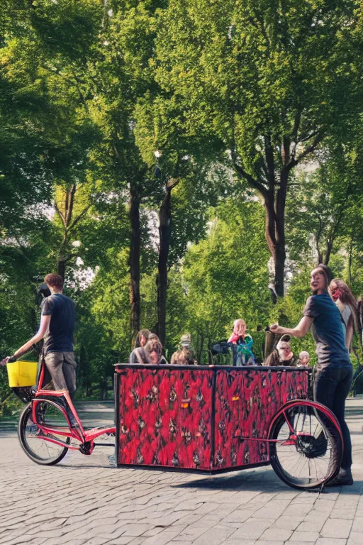 Image similar to band playing in the park with christiania cargobike. Summer. Cinematography, mega scans, cinematic, hyper realistic, photo realistic, cinematic composition, highly detailed, vray, 8k render