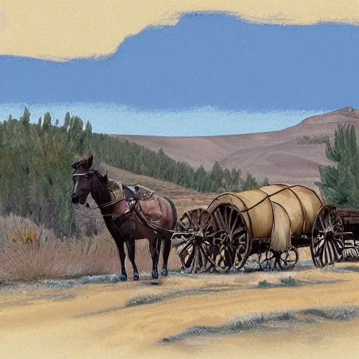 Image similar to old west oregon trail wagon train, painting, sketch