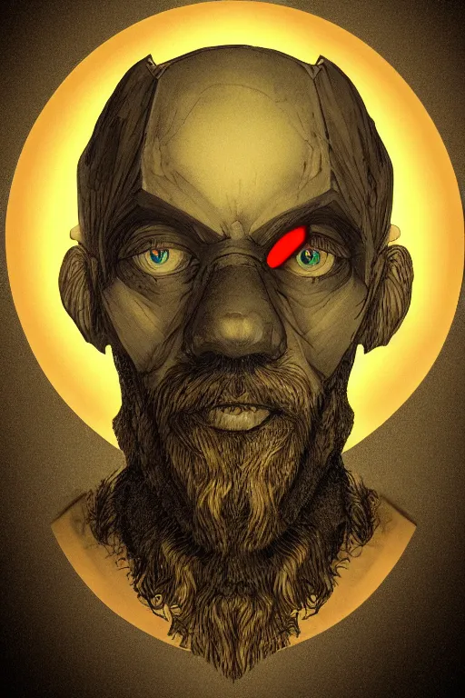 Image similar to portrait of hexagon shaped dwarf head and shoulders with single centered giant bloodshot eye, in the style of Greg Broadmore and Arthur Rackham,trending on artstation, light lighting side view,digital art,surrealism ,macro,blueprint ,vaporwave ,