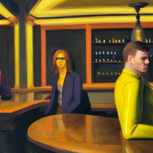 Image similar to a portrait of a lonely man in a leather jacket sitting in a bar full of people, the other people are all dressed in yellow protective suits, in the style of edward hopper, 4 k,