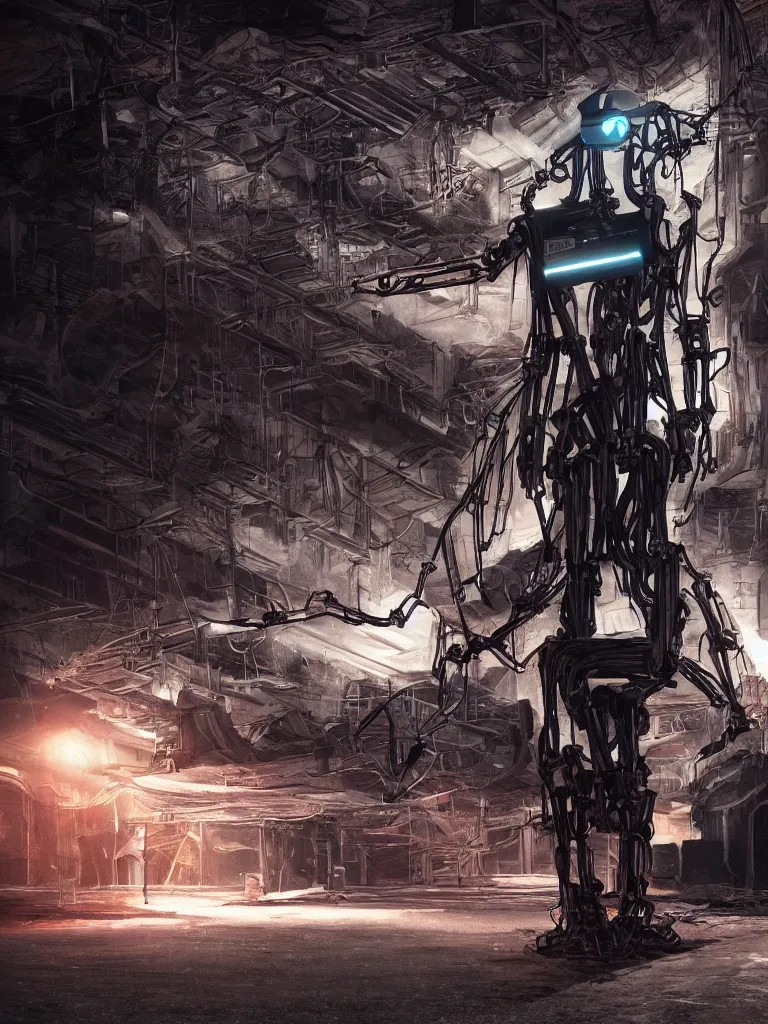 Image similar to portrait of angular metal robot with glowing eyes and a flowing overcoat in an ruined industrial car park, confident pose, coherent, insane detail, concept art, character concept, cinematic lighting, global illumination radiating a glowing aura