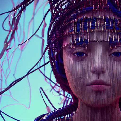 Image similar to piles of modular synth cables mixed with mangrove roots, kawaii puerto rican goddess staring through your soul wearing a headpiece made of circuit boards, by makoto shinkai, masamune, and stanley kubrick, unique perspective, eastman color, trending on artstation, cinematic, 3 d render, photorealistic