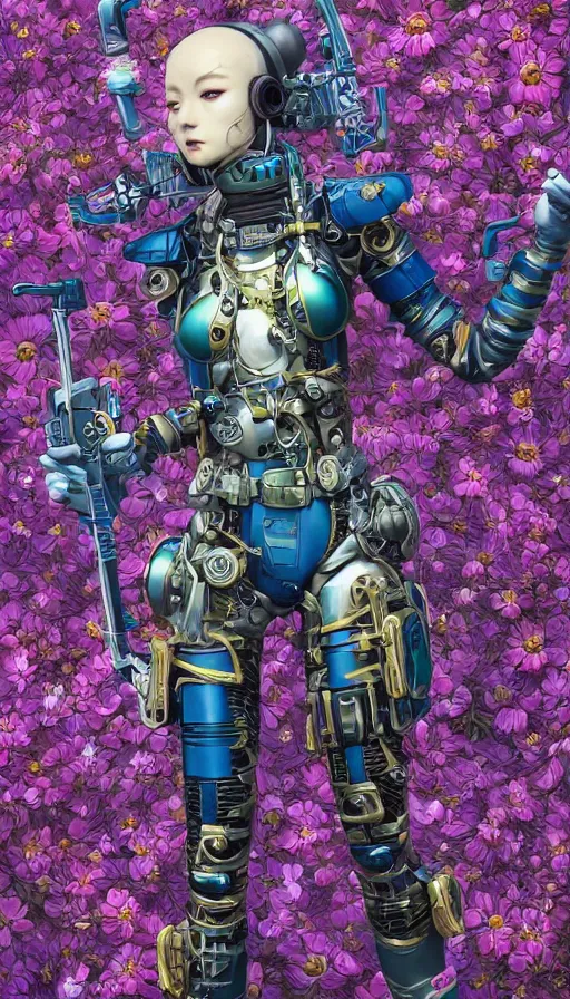 Image similar to full body head to toe portrait of a flowerpunk sci-fi cyborg ninja, third person, D&D, sci-fi fantasy, intricate, blue and gold, daisy and rose and peony, highly detailed, art by Range Murata, highly detailed, 3d, octane render, bright colors, digital painting, trending on artstation, sharp focus, illustration style of Stanley Artgerm, dramatic background