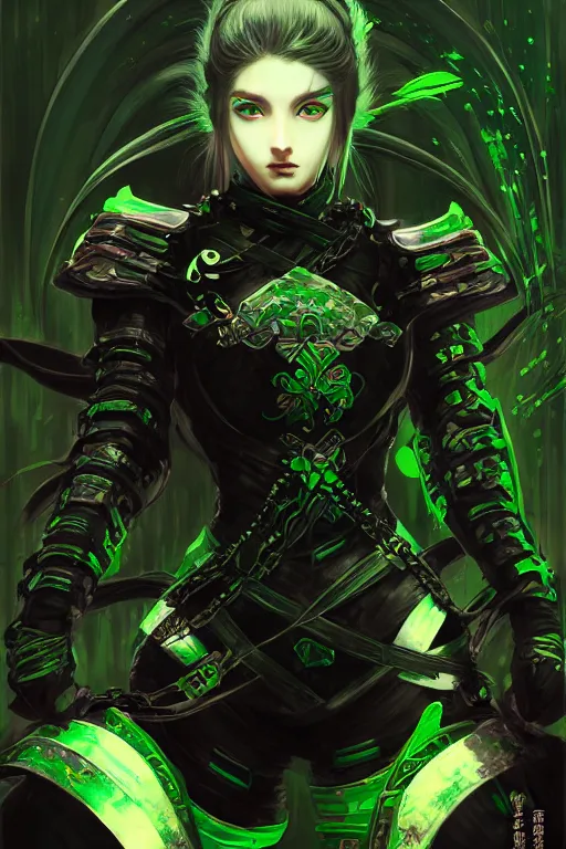 Image similar to portrait Ninja gaiden girl, armored black and green ninja wardrobe, in ruin japanese rainny temple night, ssci-fi and fantasy, intricate and very very beautiful and elegant, highly detailed, digital painting, artstation, concept art, smooth and sharp focus, illustration, art by tian zi and WLOP and alphonse mucha