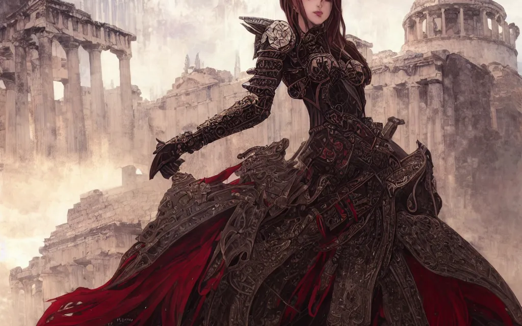 Image similar to knights of zodiac girl + smoky eyes, black and reddish armor, knight cinematic shot, in ruined agora of athens, ssci - fi and fantasy, intricate and very very beautiful and elegant, highly detailed, digital painting, artstation, concept art, smooth and sharp focus, illustration, art by tian zi and wlop and alphonse mucha