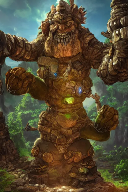 Image similar to zelda fantasy art giant golem troll wood rock greeble gemstone, global illumination ray tracing hdr fanart arstation by sung choi and eric pfeiffer and gabriel garza and casper konefal