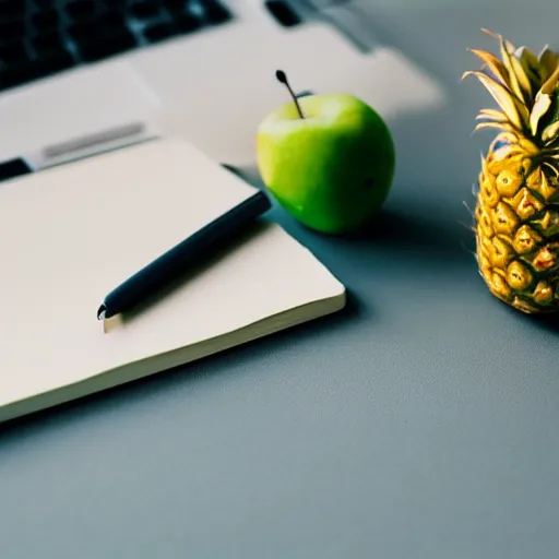 Prompt: photo of an apple - pen and a pineapple - pen, on a writing - desk.