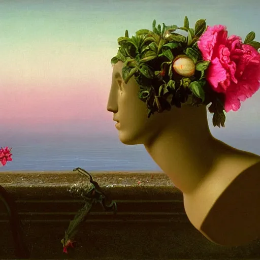 Image similar to a surreal vaporwave painting by Thomas Cole of an old pink mannequin head with flowers growing out, sinking underwater, highly detailed