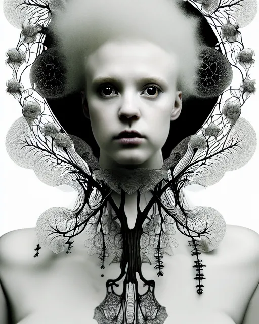 Image similar to dreamy foggy soft luminous bw art photo, beautiful young spiritual albino biomechanical female cyborg, mandelbrot fractal porcelain profile face, very long neck, halo, white smoke atmosphere, rim light, big leaves and stems, fine foliage lace, alexander mcqueen, art nouveau fashion pearl embroidered collar, steampunk, elegant