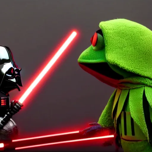 Image similar to Darth Vader battles Kermit the Frog in a Lightsaber duel, cinematic, 8k