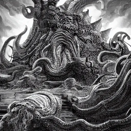 Image similar to kraken destroys a medieval town in the style of kentaro miura, 4 k, 8 k, absolute detailing of even the smallest details and particles, beautiful shadows, beautiful art, black and white drawing