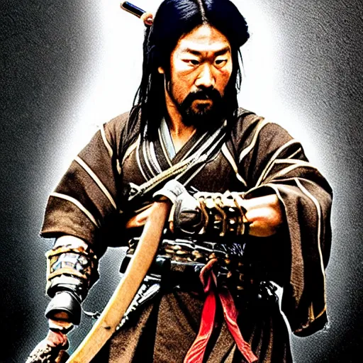 Image similar to movie poster for predator film shot in feudal japan staring hiroyuki sanada as a disgraced ronin, who hunts down the predator after he fails to protect his master from it