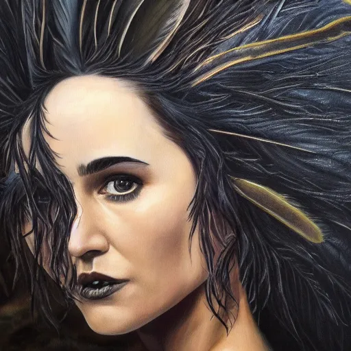 Image similar to detailed realistic oil painting youthful young jennifer connelly with black feathers instead of hair, dark fae, black lips, gray mottled skin, feathers growing out of skin, feathers growing from arms, black hands with long black claws, pale and sickly, profile view, gothic