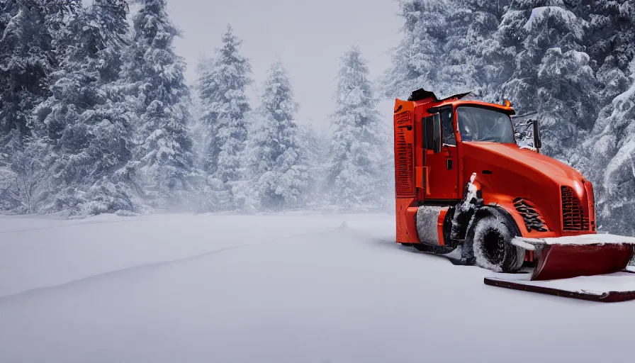 Image similar to snowplow covered by snow in beautiful winter landscape. fog, snowstorm, photorealistic rendering, octane, depth of field, blurry