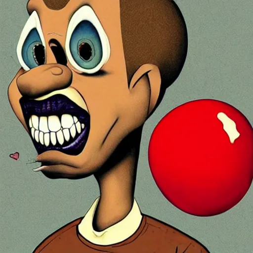 Image similar to grunge cartoon painting of kanye with a wide smile and a red balloon by chris leib, loony toons style, pennywise style, corpse bride style, horror theme, detailed, elegant, intricate