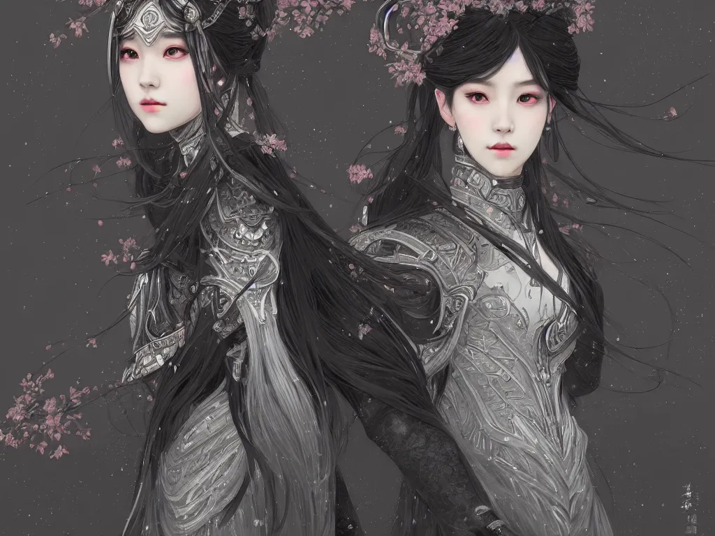 Image similar to portrait jisoo blackpink, grey hair armored samurai clothes, in snowy torii black magic night, ssci - fi and fantasy, intricate and very very beautiful and elegant, digital painting, artstation, concept art, smooth, illustration, art by tian zi and wlop and alphonse mucha