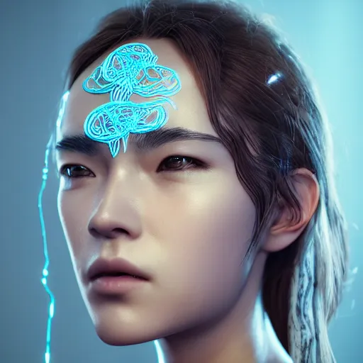 Prompt: intricate highly detailed face portrait of asian - european woman, light blue chrome vines on her face, intricate, cgsociety, unreal engine, octane render, sharp focus, smooth, volumetric lighting, cinematic composition, artstation