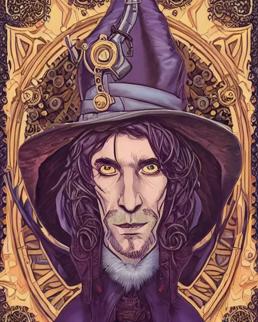 Prompt: a detailed portrait illustration of a steampunk wizard - rogue. beautiful feminine male face. art nouveau, pop art, comic book style. influenced by neil gaiman, h. p. lovecraft, dan mumford, farel dalrymple, vadim voitekhovitch, killian eng, ross tran.