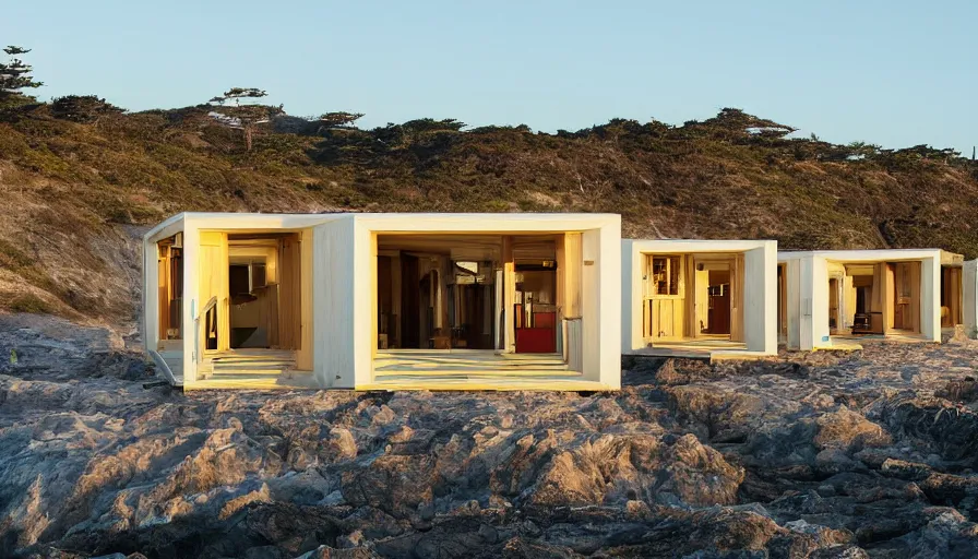 Image similar to An architectural rending of an eco-community of contemporary 3D printed sea ranch style cabins with rounded corners and angles, beveled edges, made of cement and concrete, organic architecture, on the California coastline with side walks, parks and public space , Designed by Gucci and Wes Anderson, golden hour