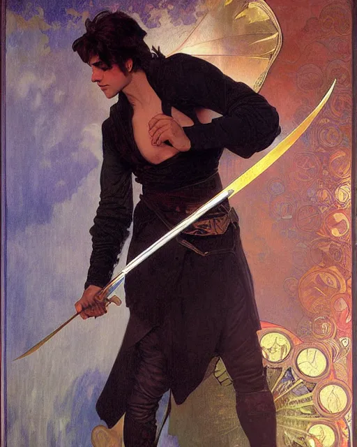 Prompt: Hyper realistic painting of a lean built young man in his twenties holding a rapier, sharp face, handsome, dark hair, fantasy art, by Alphonse Mucha, rich deep moody colors