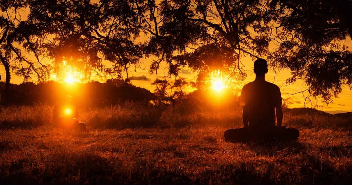 Prompt: wide range backlit photo of a man meditating, at a beautiful sunset, highly detailed, colorful,