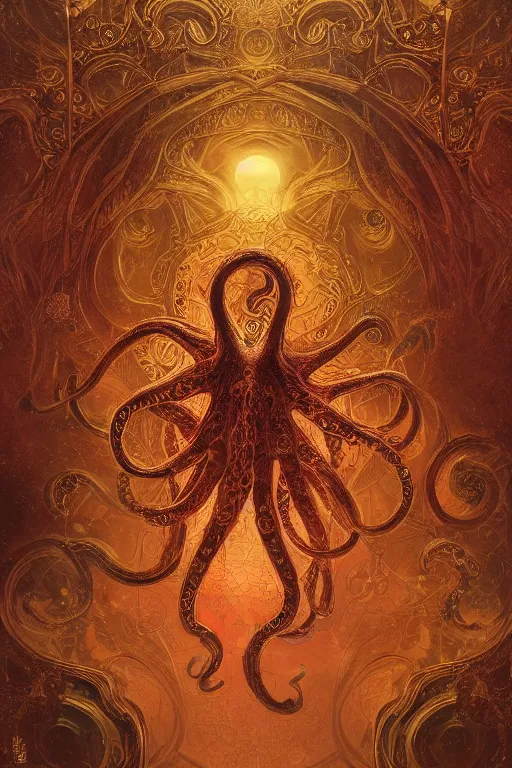 Image similar to tarot card artstation, portrait of an octopus, sunrise, baroque ornament and rococo ornament, ancient chinese ornate, hyperdetailed, beautiful lighting, craig mullins, mucha, klimt, yoshitaka amano, depth, red and gold and orange color palette