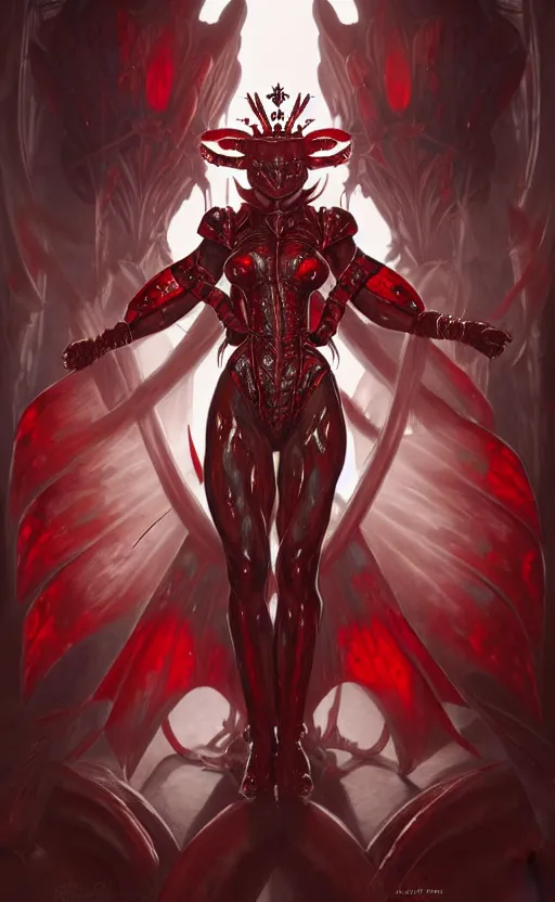Image similar to Gothic crustacean muscular bodybuilder warrior queen in red and white chitin armor, fantasy, highly detailed, digital painting, artstation, concept art, smooth, sharp focus, illustration, art by artgerm and greg rutkowski and alphonse mucha