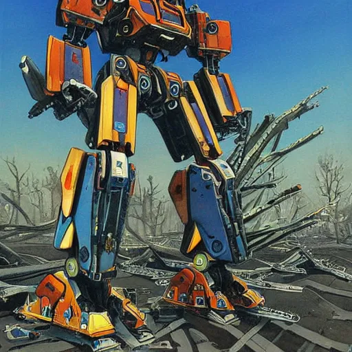 Prompt: a beautiful painting of a large battle mech equipped with many chainsaws by moebius