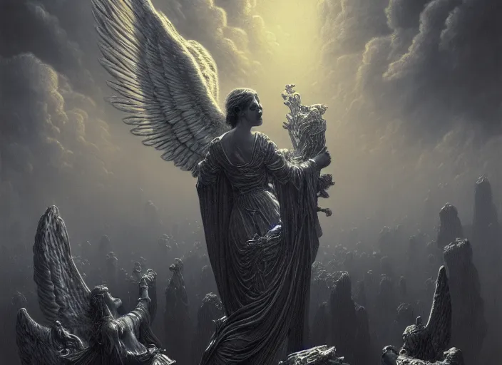 Image similar to heaven with angels holding stacks of cash, fantasy, dramatic, intricate, elegant, highly detailed, digital painting, artstation, concept art, smooth, sharp focus, illustration, art by Gustave Dore, octane render