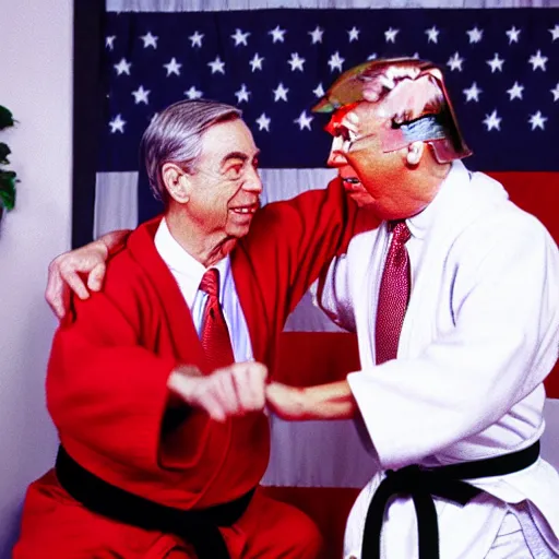 Image similar to Mr. Rogers sparring with Donald Trump in the karate style of Wado-ryu, neon karate gi