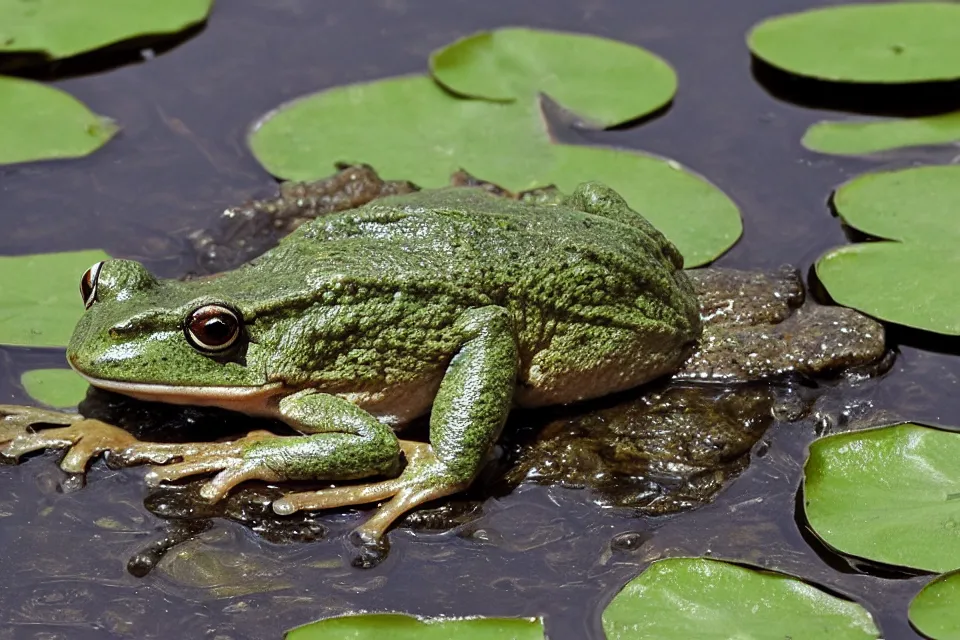 Prompt: tired frog having a nap on a lilypad