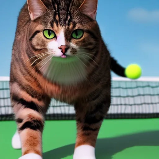 Image similar to cat standing playing tennis, realistic, highly detailed, cinematic