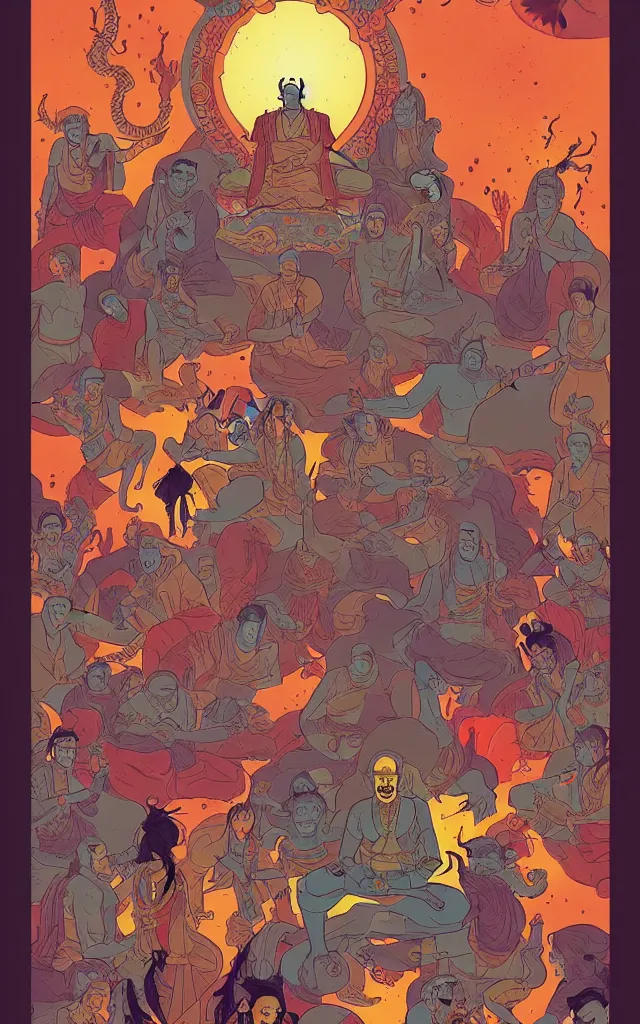 Prompt: Tibetan Book of the Dead Opening a Portal to Bardo, in the Style of Mike Mignola and Tomer Hanuka, vibrant colors, hard shadows, Comic Cover Art, trending on artstation