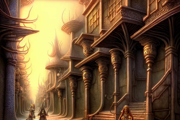 Image similar to a highly detailed street of both magical beings, tana'ri and primes alike in the planescape city of sigil, amazing planescape digital painting, by gerald brom, brom digital art, intricate details, ultra realistic, beautiful art, volumetric lighting, warm colors advance cool colors recede, by brom, trending cgsociety, artstation, rim lighting, 8 k