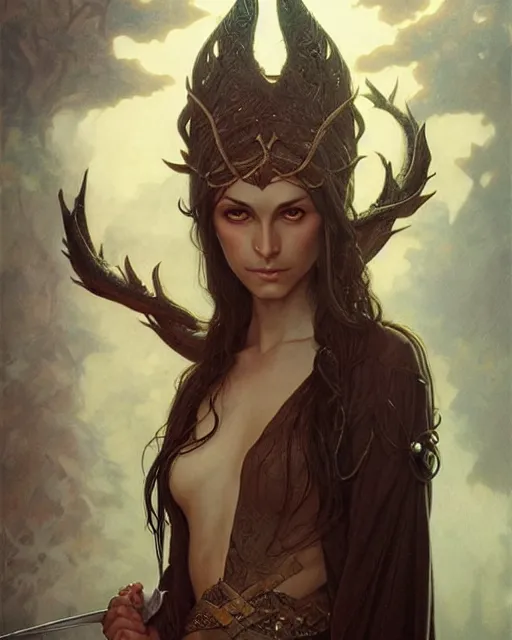 Image similar to portrait of an elven mage, dark, piercing eyes, gentle expression, elegant clothing, photorealistic, highly detailed, artstation, smooth, sharp focus, art by michael whelan, artgerm, greg rutkowski and alphonse mucha