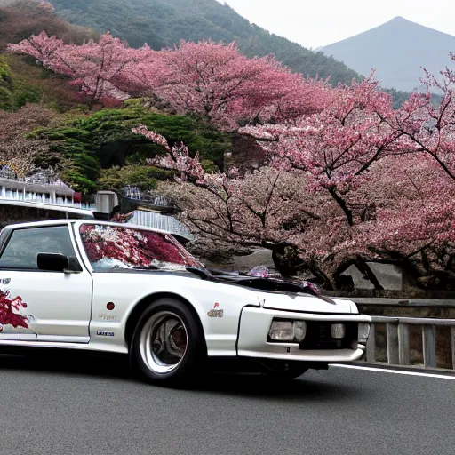 Image similar to photo of a dragon black polka dotted furred dragon driving a nissan hakosuka 2000 GTR down the cherry blossoming mt hakone