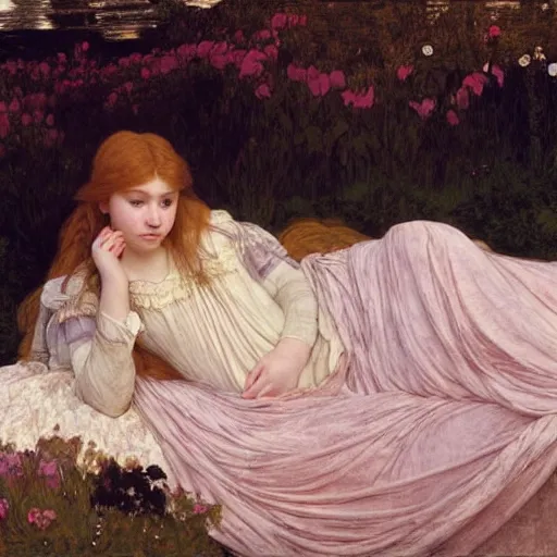 Prompt: a realistic portrait of a teenage girl who looks lie Chloe Grace Moretz and Saoirse Ronan lying on the floor, wearing a nightgown like Flaming June, by Frederic Leighton, Alphonse Mucha, Edward Burne Jones