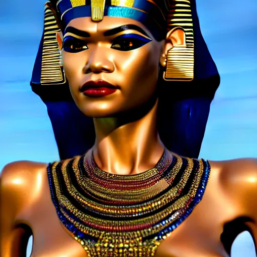 Prompt: zendaya demonic egyptian queen, an oasis in the background, anatomically correct body, many details, super realistic, high quality, 8 k