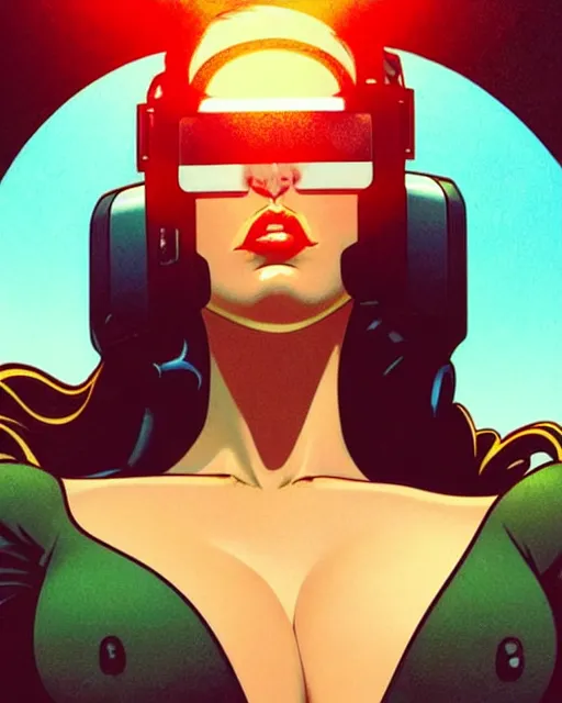 Image similar to low angle closeup very seductive megan fox retro scifi goddess pinup, vr goggles, action glamour pose, windblown dark hair, hyper detailed, digital art, studio lighting, smooth, ambient lighting, sharp focus, frank miller, wlop, anna dittmann, moebius!, alphonse mucha, patrick nagle!!!, rim lighting, synthwave